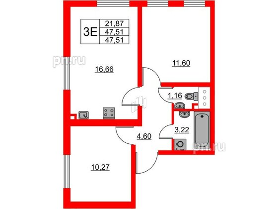 Квартира в ЖК 'Морская миля', 2 комнатная, 47.51 м², 14 этаж