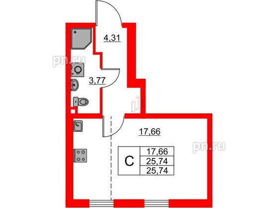 Квартира в ЖК 'Морская миля', студия, 25.74 м², 3 этаж