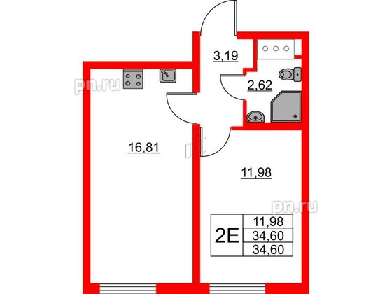 Квартира в ЖК 'Морская миля', 1 комнатная, 34.6 м², 7 этаж