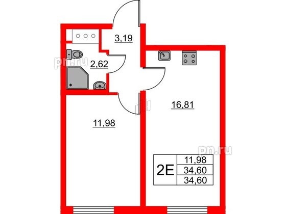 Квартира в ЖК 'Морская миля', 1 комнатная, 34.6 м², 7 этаж