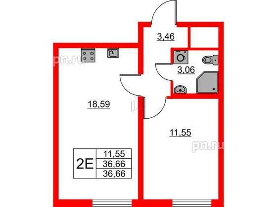 Квартира в ЖК 'Морская миля', 1 комнатная, 36.66 м², 8 этаж