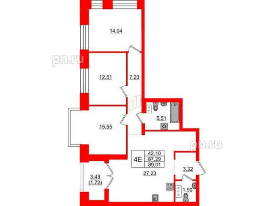 Квартира в ЖК Наука, 3 комнатная, 89.01 м², 4 этаж