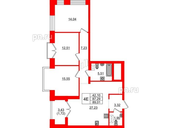 Квартира в ЖК Наука, 3 комнатная, 89.01 м², 7 этаж