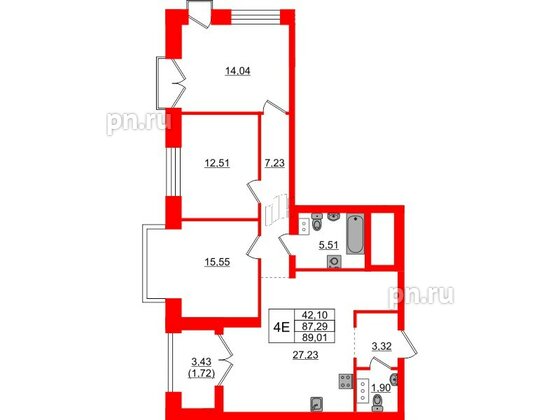 Квартира в ЖК Наука, 3 комнатная, 89.01 м², 8 этаж