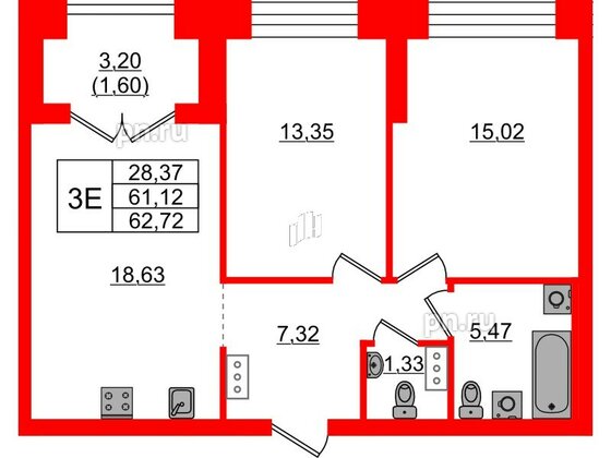 Квартира в ЖК Наука, 2 комнатная, 62.72 м², 5 этаж