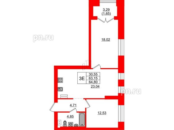 Квартира в ЖК Наука, 2 комнатная, 64.8 м², 3 этаж