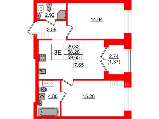 Квартира в ЖК Наука, 2 комнатная, 59.65 м², 7 этаж