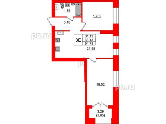 Квартира в ЖК Наука, 2 комнатная, 64.78 м², 3 этаж