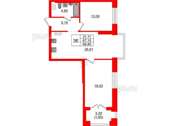 Квартира в ЖК Наука, 2 комнатная, 68.8 м², 8 этаж