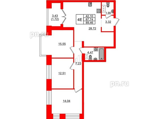 Квартира в ЖК Наука, 3 комнатная, 89.46 м², 4 этаж