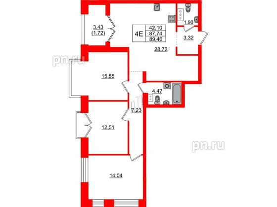 Квартира в ЖК Наука, 3 комнатная, 89.46 м², 7 этаж