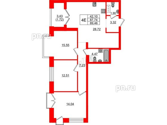 Квартира в ЖК Наука, 3 комнатная, 89.46 м², 8 этаж