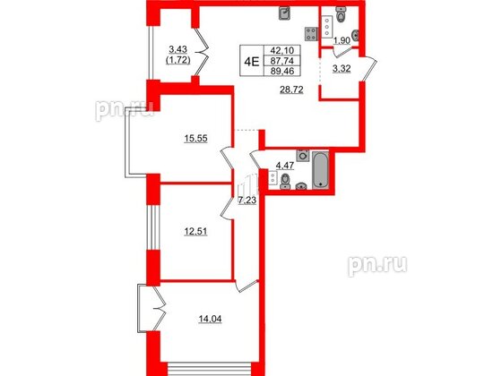 Квартира в ЖК Наука, 3 комнатная, 89.46 м², 10 этаж