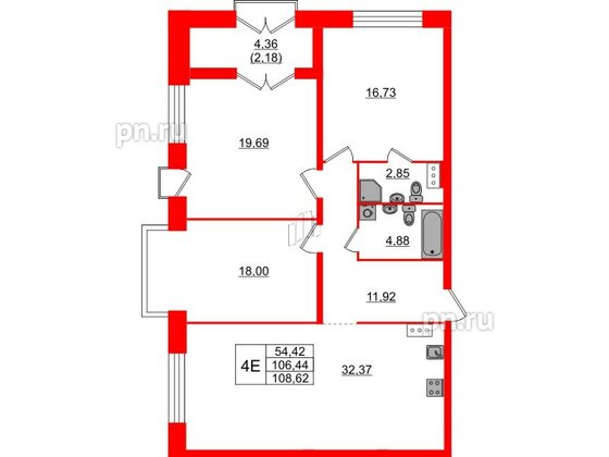 Квартира в ЖК Наука, 3 комнатная, 108.62 м², 7 этаж