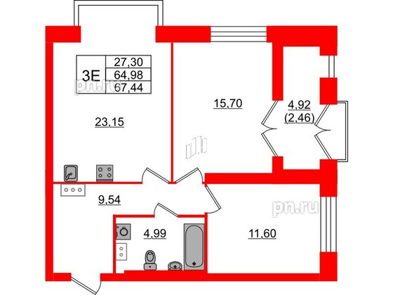 Квартира в ЖК Наука, 2 комнатная, 67.44 м², 7 этаж