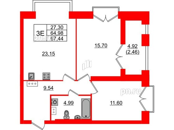 Квартира в ЖК Наука, 2 комнатная, 67.44 м², 8 этаж