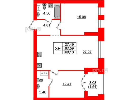 Квартира в ЖК Наука, 2 комнатная, 69.13 м², 3 этаж