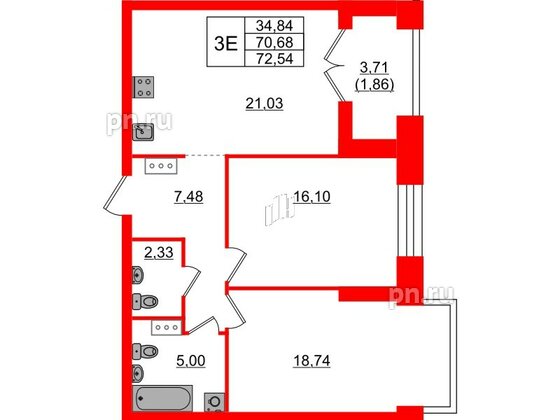 Квартира в ЖК Наука, 2 комнатная, 72.54 м², 4 этаж