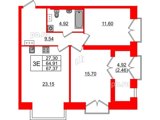 Квартира в ЖК Наука, 2 комнатная, 67.37 м², 10 этаж