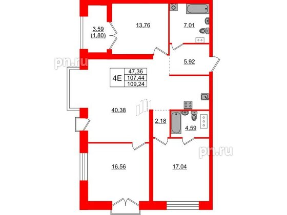 Квартира в ЖК Наука, 3 комнатная, 109.24 м², 7 этаж