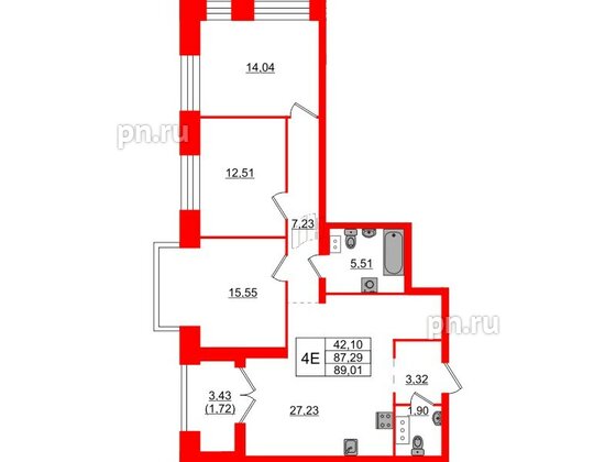 Квартира в ЖК Наука, 3 комнатная, 89.01 м², 4 этаж