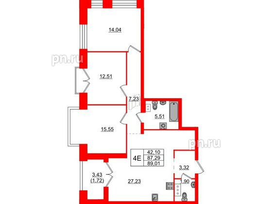 Квартира в ЖК Наука, 3 комнатная, 89.01 м², 7 этаж