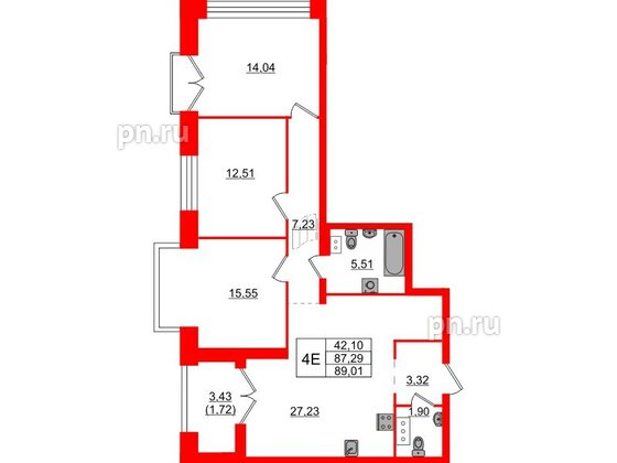 Квартира в ЖК Наука, 3 комнатная, 89.01 м², 10 этаж