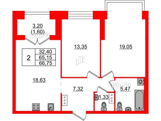 Квартира в ЖК Наука, 2 комнатная, 66.75 м², 7 этаж