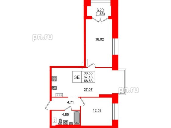 Квартира в ЖК Наука, 2 комнатная, 68.83 м², 4 этаж