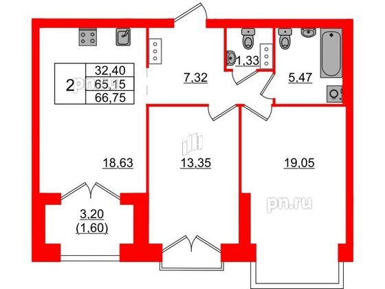 Квартира в ЖК Наука, 2 комнатная, 66.75 м², 10 этаж