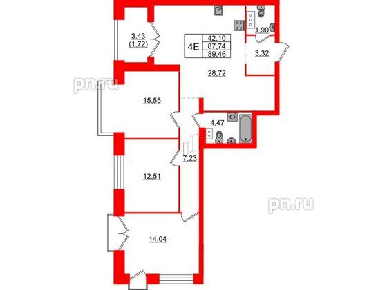 Квартира в ЖК Наука, 3 комнатная, 89.46 м², 8 этаж