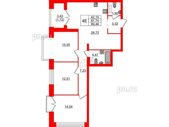 Квартира в ЖК Наука, 3 комнатная, 89.46 м², 10 этаж