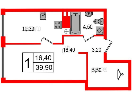 Квартира в ЖК «Дом на Красной», 1 комнатная, 39.9 м², 1 этаж