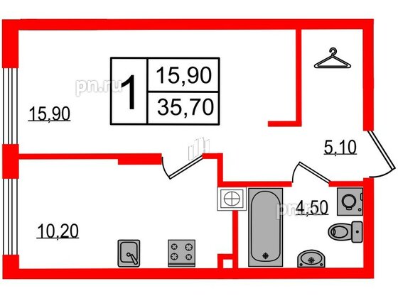 Квартира в ЖК «Дом на Красной», 1 комнатная, 35.7 м², 1 этаж