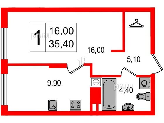 Квартира в ЖК «Дом на Красной», 1 комнатная, 35.4 м², 3 этаж