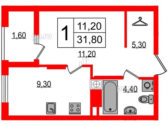 Квартира в ЖК «Дом на Красной», 1 комнатная, 31.8 м², 8 этаж