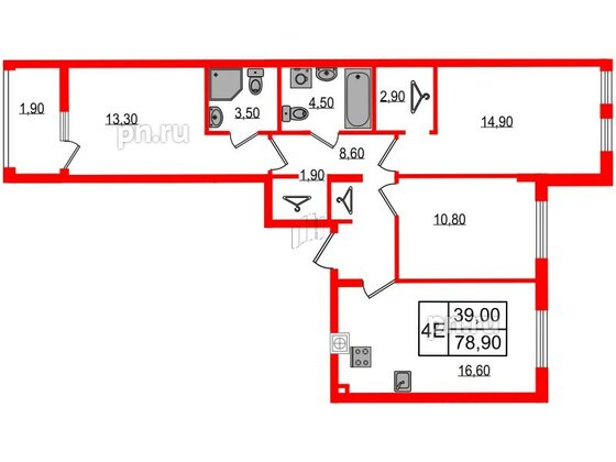 Квартира в ЖК «Дом на Красной», 3 комнатная, 78.9 м², 1 этаж