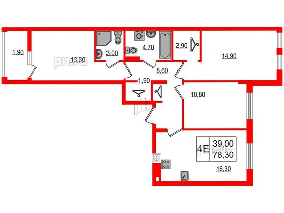 Квартира в ЖК «Дом на Красной», 3 комнатная, 78.3 м², 2 этаж