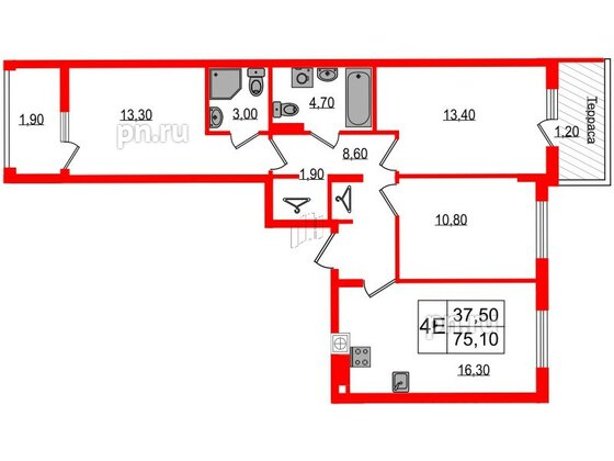 Квартира в ЖК «Дом на Красной», 3 комнатная, 75.1 м², 7 этаж