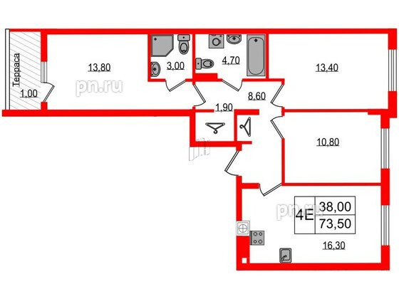 Квартира в ЖК «Дом на Красной», 3 комнатная, 73.5 м², 8 этаж