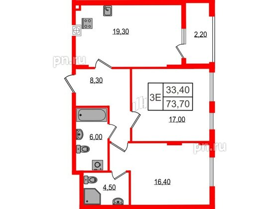 Квартира в ЖК «Дом на Красной», 2 комнатная, 73.7 м², 1 этаж