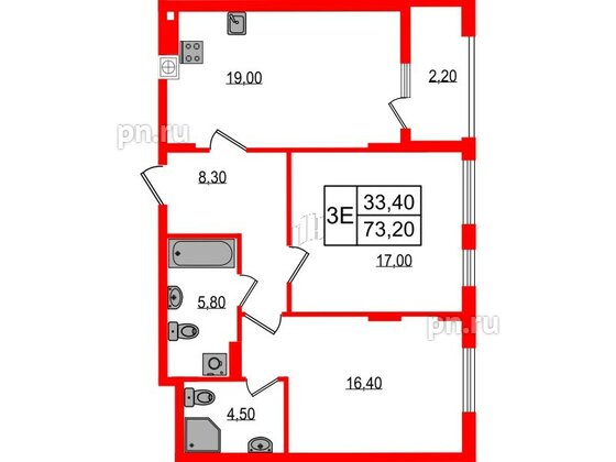 Квартира в ЖК «Дом на Красной», 2 комнатная, 73.2 м², 2 этаж