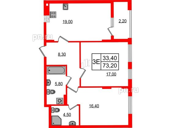 Квартира в ЖК «Дом на Красной», 2 комнатная, 73.2 м², 6 этаж