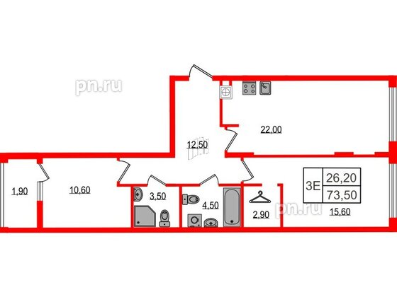 Квартира в ЖК «Дом на Красной», 2 комнатная, 73.5 м², 1 этаж