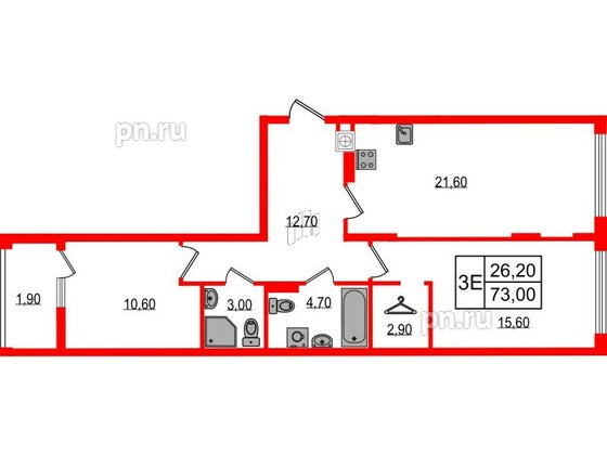 Квартира в ЖК «Дом на Красной», 2 комнатная, 73 м², 2 этаж