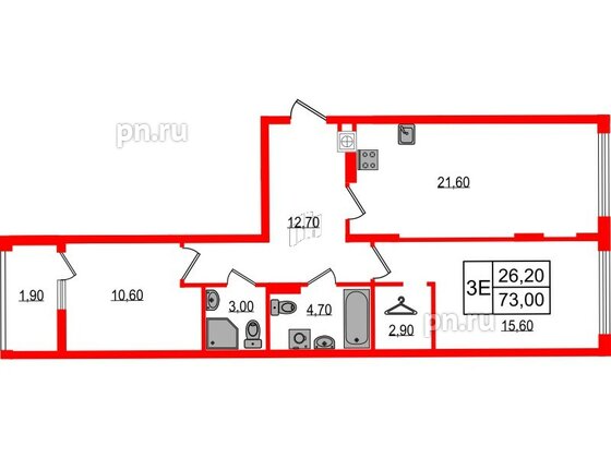 Квартира в ЖК «Дом на Красной», 2 комнатная, 73 м², 6 этаж