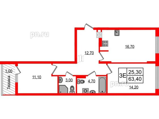 Квартира в ЖК «Дом на Красной», 2 комнатная, 63.4 м², 8 этаж