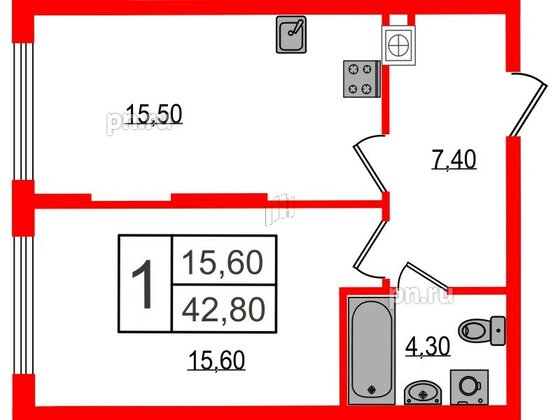 Квартира в ЖК «Дом на Красной», 1 комнатная, 42.4 м², 1 этаж