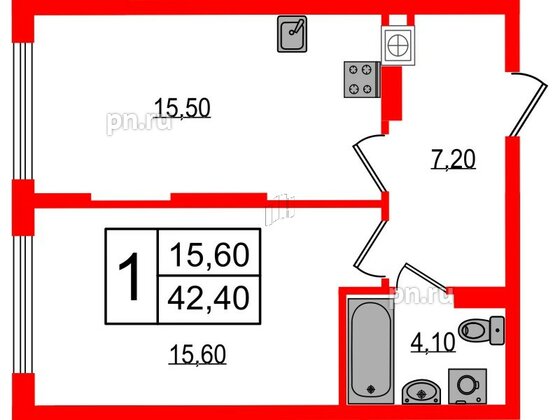 Квартира в ЖК «Дом на Красной», 1 комнатная, 42.8 м², 2 этаж