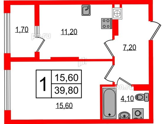 Квартира в ЖК «Дом на Красной», 1 комнатная, 39.8 м², 6 этаж